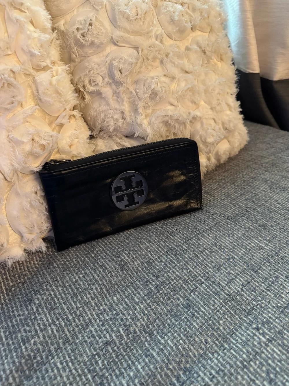 Tory Burch Black Leather Side Zip Logo Leather Clutch